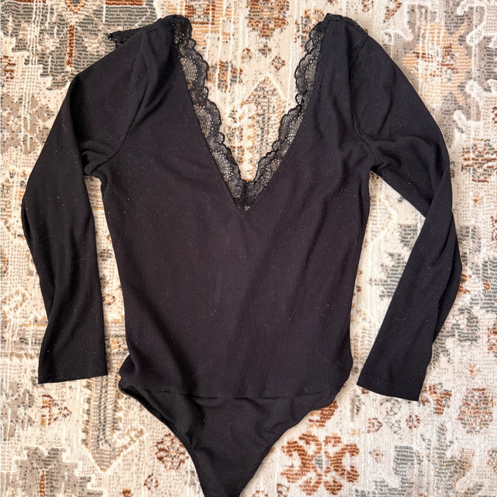 Elegant Black Lace Trim Bodysuit